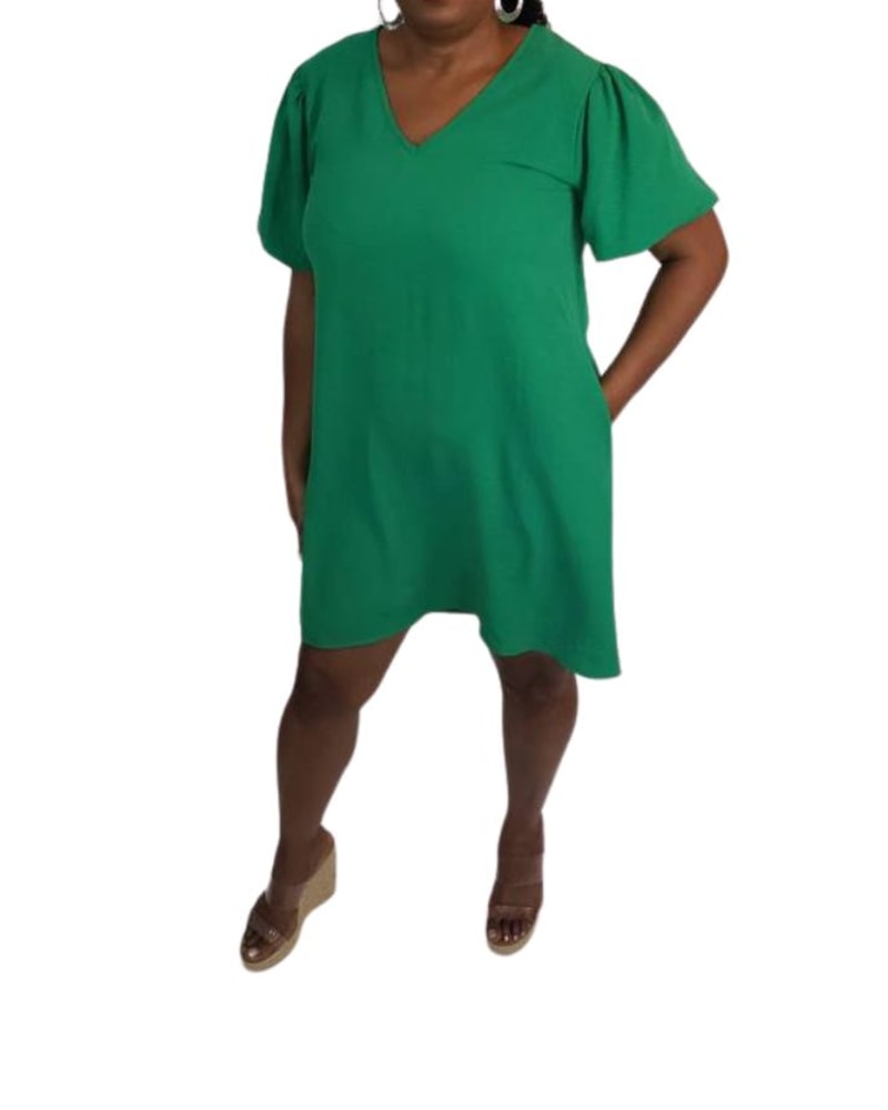 Front of a model wearing a size Large V-Neck Puff Sleeve Mini Dress in Kelly Green in Kelly Green by A Beauty by BNB. | dia_product_style_image_id:346351